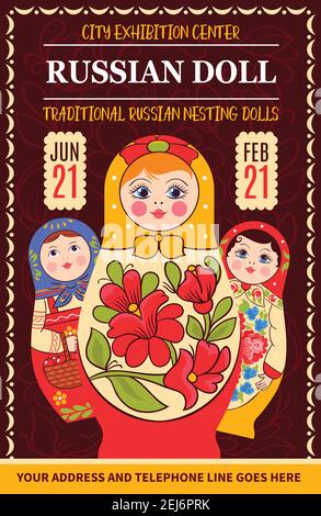 Matryoshka russian traditional poster with drawn style artwork decorative frame russian dolls with editable text and date vector illustration Stock Vector