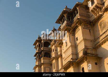 Udaipur, India, Ornate pavilion, or balcony of the City Palace built in 1559 by  Maharana Udai Singh. Stock Photo