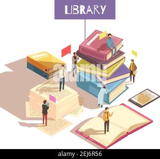 Library isometric vector illustration with mini figurines of communicating people sitting and standing on giant stacks of paper books Stock Vector