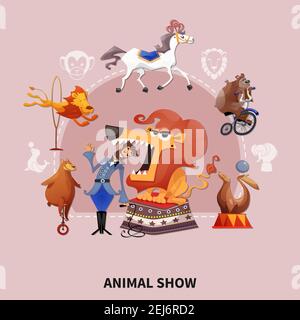 Circus colored cartoon composition with different animals who work in the circus vector illustration Stock Vector