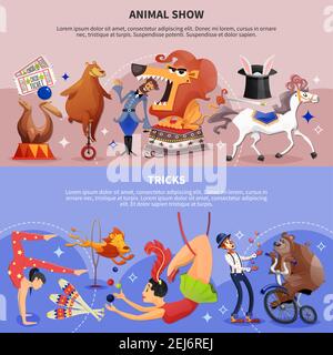 Two horizontal and colored circus cartoon banner set with magic show ...