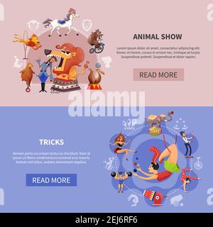Two horizontal and colored circus cartoon banner set with magic show ...