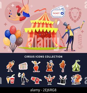 Circus cartoon colored composition with isolated show icon set combined in composition vector illustration Stock Vector