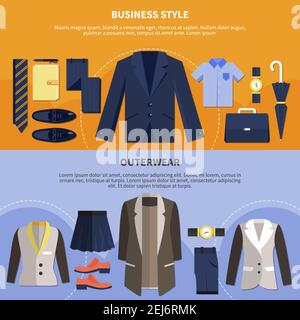 Two clothes flat style composition set with business style and outerwear headlines vector illustration Stock Vector