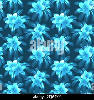 Blue and white tropical flowers silhouettes vector seamless pattern Stock Vector
