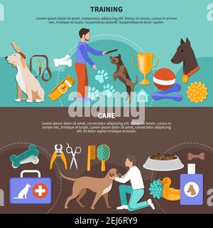 Dogs veterinary horizontal banners with flat images of training fetch prizes and vet equipment with text vector illustration Stock Vector