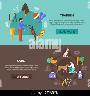 Dogs training care set of two horizontal banners with flat images editable text and read more button vector illustration Stock Vector
