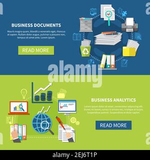 Business items banner set with business documents and analytics descriptions and read more buttons vector illustration Stock Vector