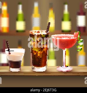 Drinks realistic composition with wooden bar counter and three different cocktails with alcololic drink bottles on background vector illustration Stock Vector