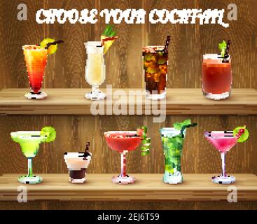 Drinks realistic composition with two shelves and various cocktail glasses of different shape and colour ingredients vector illustration Stock Vector