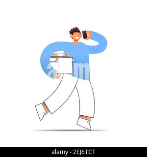 successful businessman holding box with working stuff and talking on phone business man changing working place full length isolated vector illustration Stock Vector