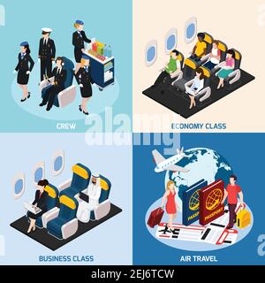Airplane passengers and crew isometric concept icons set with air travel symbols isolated vector illustration Stock Vector