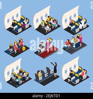 Airplane passengers and crew isometric composition set isolated vector illustration Stock Vector