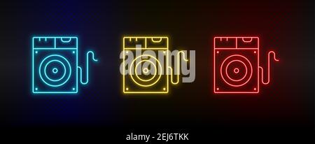 Neon icon set Disk drive. Set of red, blue, yellow neon vector icon Stock Vector