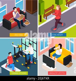 Owerweight people concept icons set with fast food symbols isometric isolated vector illustration Stock Vector