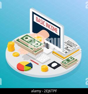 Social security and unemployment composition with unconditional income symbols isometric vector illustration Stock Vector