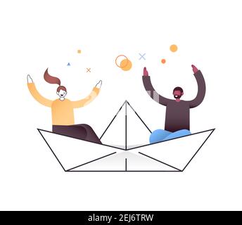 mix race couple floating on paper boat happy man woman traveling together horizontal isolated vector illustration Stock Vector