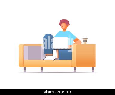 businessman using laptop business man office worker or freelancer working on computer full length isolated horizontal vector illustration Stock Vector