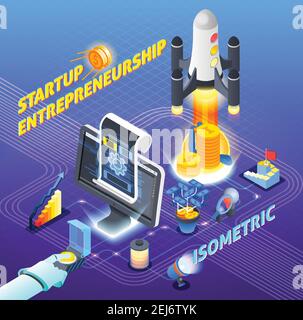 Startup entrepreneurship isometric composition on blue gradient background with spaceship launch, computer technologies, investment, resources vector Stock Vector