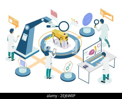 Robots laboratory research isometric flowchart, vector illustration. Scientists creating robot dog intelligent machine. Stock Vector