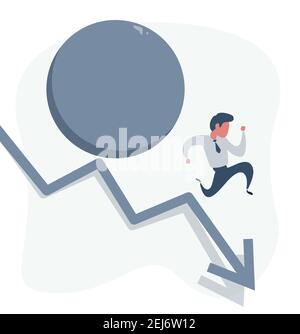 Man running down on a arrow followed by a big rock rolling after him, business concept of danger, concept of financial crisis, risk avoidance Stock Vector