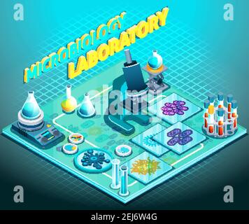 Microbiology laboratory isometric composition on blue gradient background with scientific equipment, flasks and tubes, microorganisms, vector illustra Stock Vector