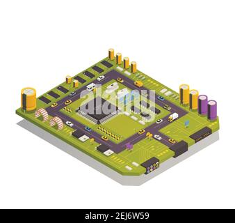Semiconductor electronic components assembled on circuit board as city buildings streets traffic elements isometric composition vector illustration Stock Vector
