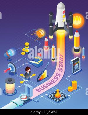 Business start isometric composition on purple background with button for rocket launch, finance, planning, strategy, vector illustration Stock Vector