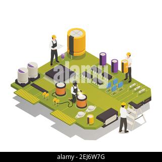 Semiconductor electronic components isometric composition with 4 men assembling resistors diodes on printed circuit board vector illustration Stock Vector