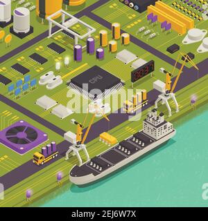 Semiconductor electronic components assembled on printed circuit board as harbor freight barge vessel isometric composition vector illustration Stock Vector