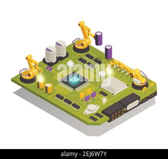 Intelligent manufacturing isometric composition with robotic hands assembling semiconductor electronic components on printed circuit board vector illu Stock Vector