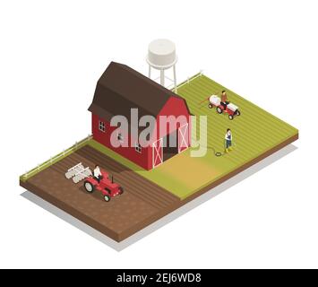 Gardening agricultural machinery isometric composition  with fertilizer and disc harrow tractor cultivator plowing on farmland vector illustration Stock Vector