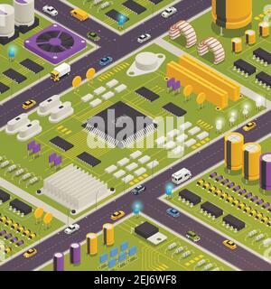 Semiconductor electronic components assembled on printed circuit board as city buildings streets traffic closeup isometric composition vector illustra Stock Vector