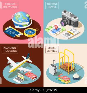 Travel 2x2 design concept with planning traveling hotel service world tour and tourism square icons  isometric vector illustration Stock Vector