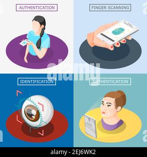 Biometric ID 2x2 design concept with finger scanning face and voice authentication identification by eye iris isometric icons vector illustration Stock Vector