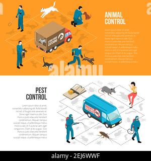 Stray animals pest control agency services 2 isometric horizontal infographic elements banners with text isolated vector illustration Stock Vector