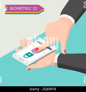 Biometric ID background with human hand scanning by finger scan app on smartphone screen isometric vector illustration Stock Vector