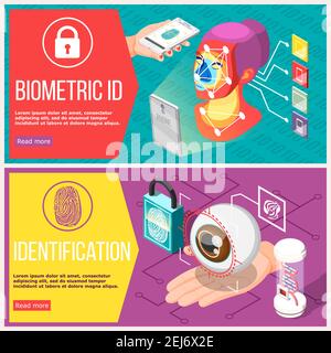 Biometric id horizontal banners with retina recognition, access control by facial geometry and fingerprint isolated vector illustration Stock Vector