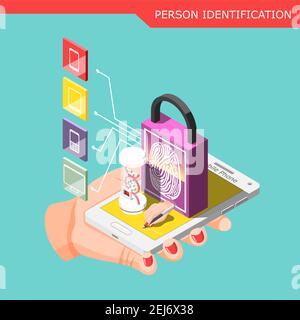 Biometric ID isometric composition with human hand holding smartphone protected by password with personal identification   vector illustration Stock Vector