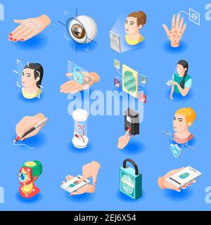 Biometric ID isometric icons set of face recognition identification by eye iris fingerprint unlock isolated vector illustration Stock Vector