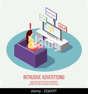 Annoying advertisement isometric composition with woman on sofa and promotional information on tv vector illustration Stock Vector