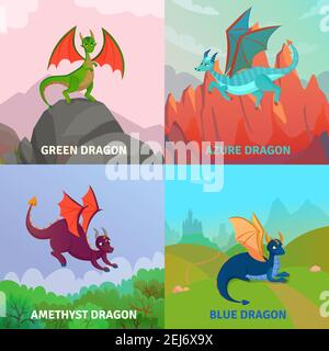 Fairy dragons concept set of four compositions with native outdoor landscape and cartoon style dragon images vector illustration Stock Vector