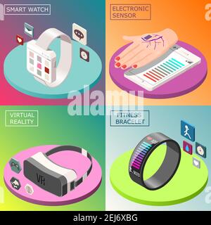 Portable electronics isometric design concept with smartwatch, virtual reality glasses, medical sensor, fitness bracelet isolated vector illustration Stock Vector