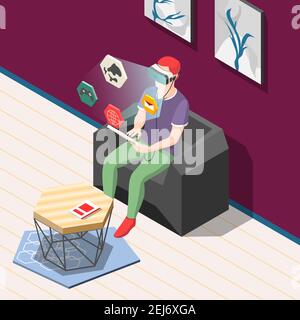 Man in vr headset in chair, icons set with computer game, internet, email isometric background vector illustration Stock Vector