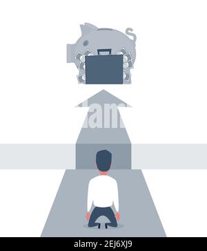 Concept of crisis and failure. Sad businessman on kneel looking down over big gap on way . Big fail. Stock Vector