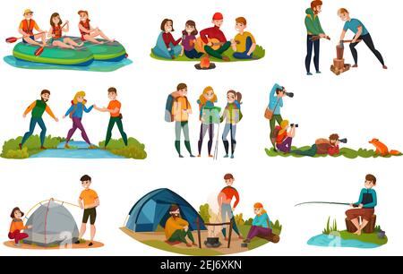 Camping people set with tent food and nature symbols flat isolated vector illustration Stock Vector