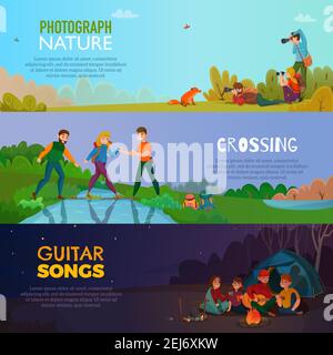 Camping people horizontal banners set with flat adventure landscapes and cartoon human characters with editable text vector illustration Stock Vector