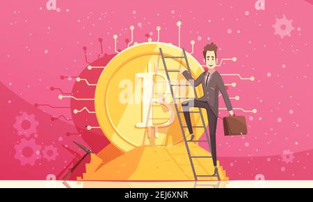 Bitcoin design composition with businessman holding briefcase and climbing up on career ladder flat vector illustration Stock Vector