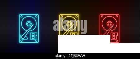 Neon icon set Harddisk. Set of red, blue, yellow neon vector icon Stock Vector