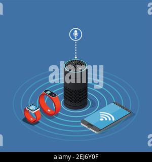 Internet of things isometric composition on blue background with assistant speaker, smartphone, watch and tracker vector illustration Stock Vector